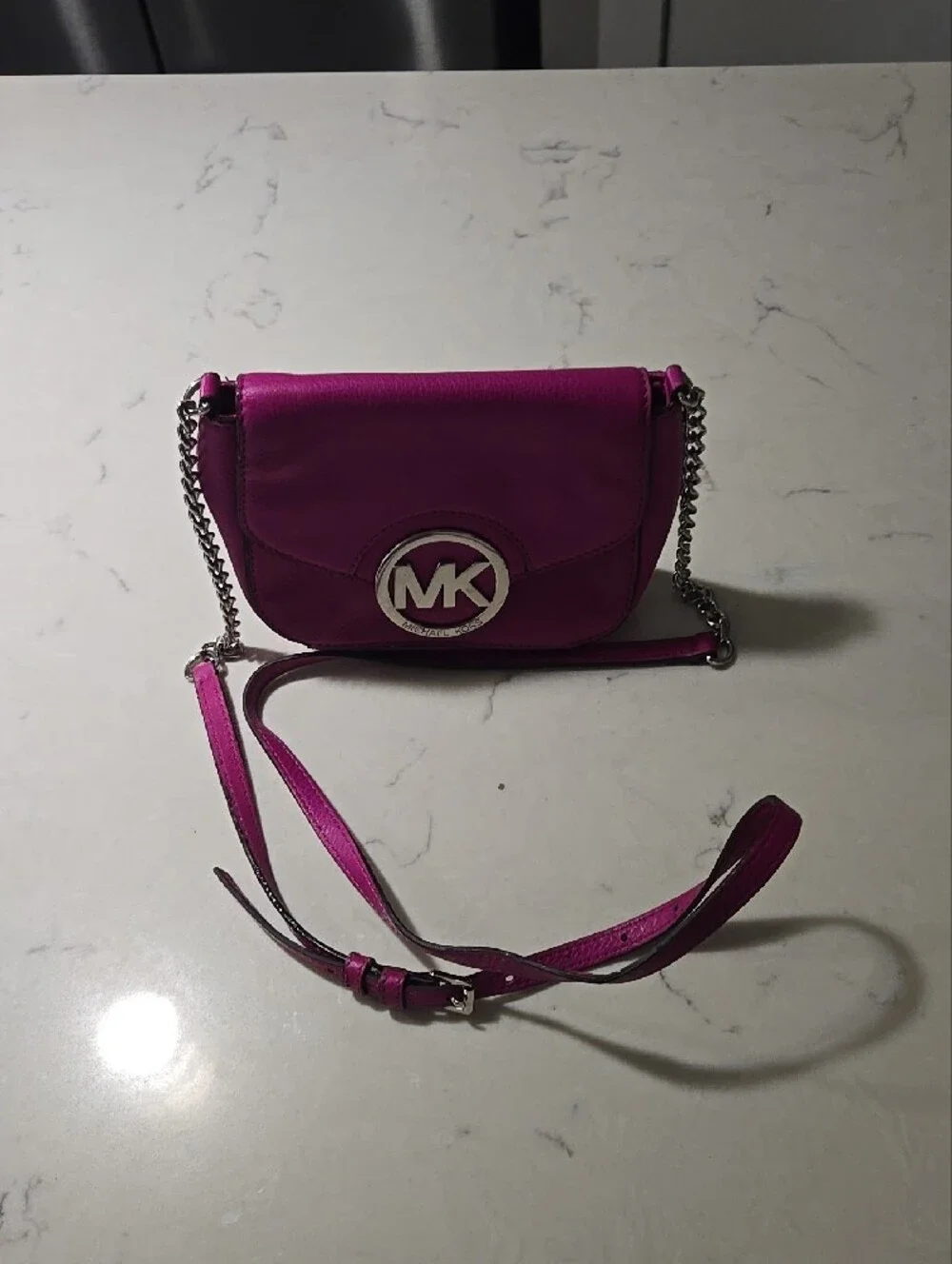Michael Kors Fuchsia Leather Crossbody with Silver MK Logo